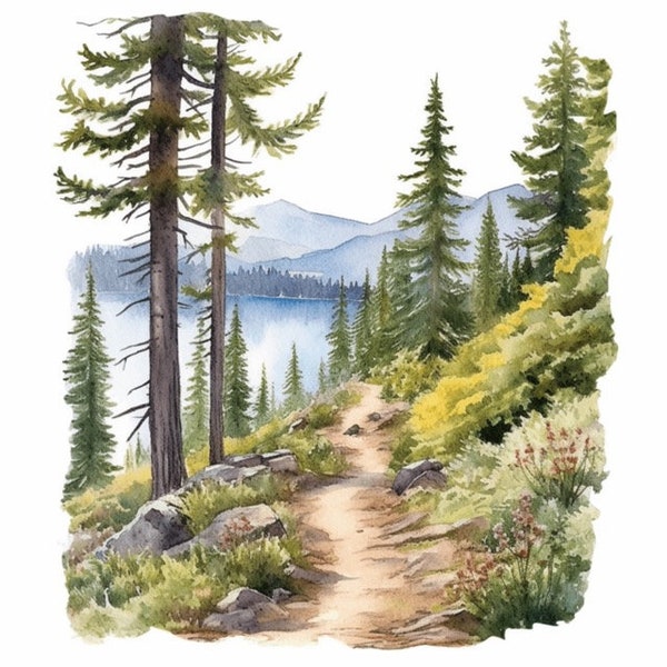 Forest Lake Hiking Trail Watercolor Clip Art 4 High Quality PNG Format Instant Download Commercial Use - 410