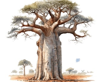 Baobab Tree Watercolor Clip Art 4 PNG Format Junk Journal Collage Mix Media Paper Craft Scrap Booking Invitations Commercial Use - 540