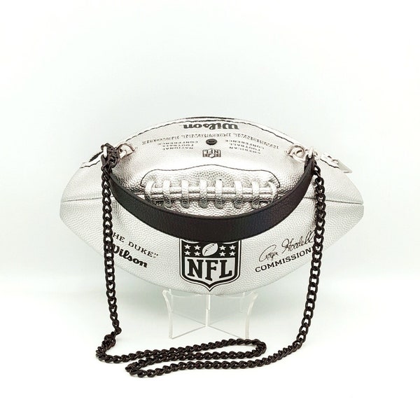 Silver Wilson NFL American football ball bag with genuine black leather handles.