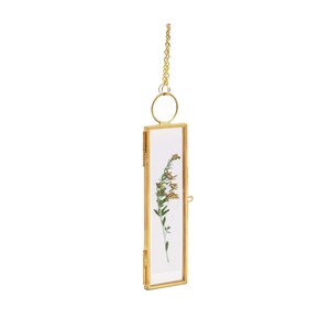 May include: A rectangular gold-coloured metal frame with a dried flower and a gold chain for hanging. The frame is hinged and has clear glass front and back, showcasing the preserved botanical specimen.