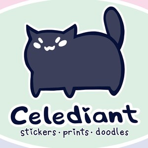 May include: A cartoon illustration of a dark blue cat with white accents and a smiling face. The word "Celediant" is written in a playful font, with the words "stickers • prints • doodles" below.