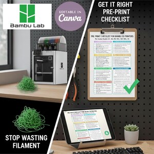 May include: A white and black 3D printer with a green filament pile, a checklist, and a tablet displaying a checklist. Text includes "Bambu Lab", "Editable in Canva", and "Stop Wasting Filament".