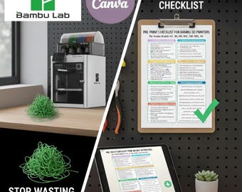 Könnte beinhalten: Ein weißer und schwarzer 3D-Drucker, ein grüner Filamenthaufen, eine Checkliste und ein Tablet, das eine Checkliste anzeigt. Der Text enthält "Bambu Lab", "Editable in Canva" und "Stop Wasting Filament".