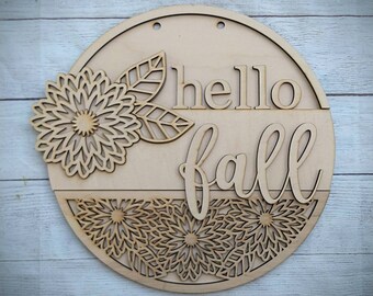 Hello Fall DIY Round Door Sign / Welcome Door Hanger / Welcome DIY / Paint Party / Wood Kit / Do It Yourself / Mums