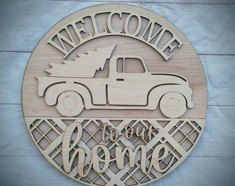 Welcome DIY Round Door Sign / Merry Christmas Door Hanger / Welcome DIY / Paint Party / Wood Kit / Do It Yourself /Cardinal / red truck