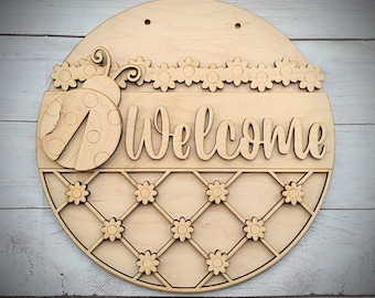 Welcome DIY Round Door Sign / Summer Door Hanger / DIY / Paint Party / Wood Kit / Do It Yourself / Ladybug / Daisies