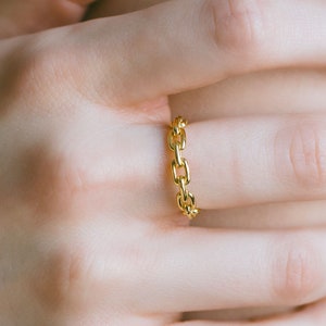 May include: A gold chain ring with a simple design. The ring is worn on a person's finger.