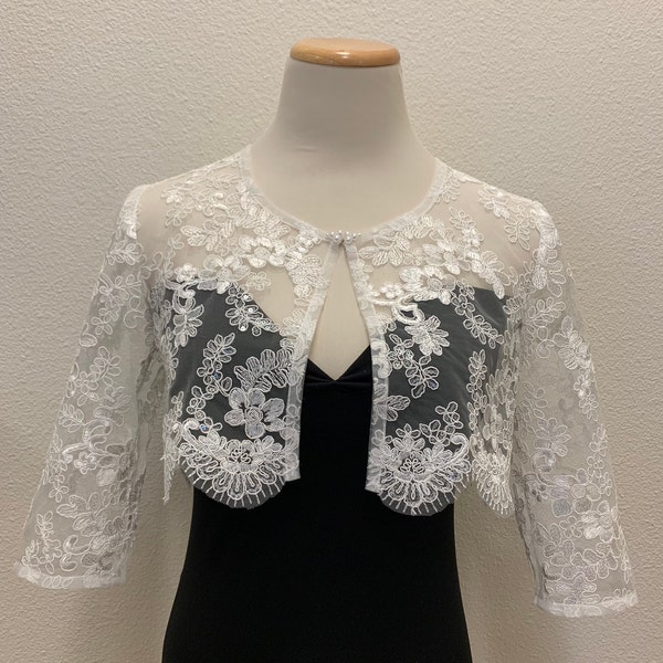 White Floral Lace Bridal Evening Long sleeves Bolero Jacket Shrug Scalloped Edgings Pearl Brooch Corded Sequined Lace Bolero