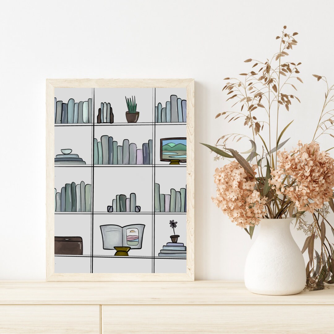Bookshelf Digital Print Grey Stack of Classic Books Wall Art ...