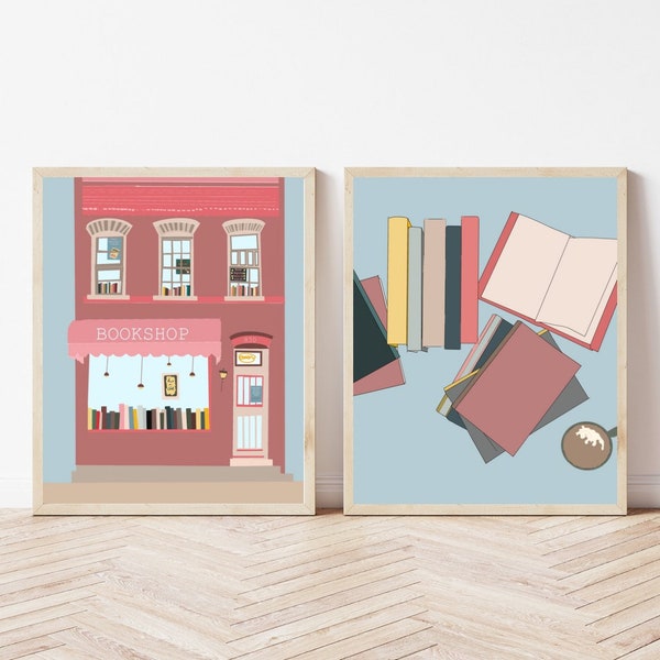 Set of Two Bookshop with stacked books boho abstract Digital art Print for book lover. Reading book store Art With Library Books Wall art.