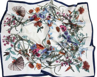 Satin Square Silk Feeli watercolor flower lotus trendy blue floral Fashion Pattern silk scarf for Women/Mens Necktie Bandanas