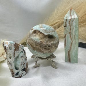 Hemimorphite Set, Hemimorphite Sphere, Hemimorphite Tower, Hemimorphite hand-carved, Hemimorphit crystal