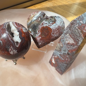 Druzy Mexican Crazy Lace Agate Set, Mexican Crazy Lace Agate Sphere, Mexican Crazy Lace Agate Tower Obelisk, Mexican Crazy Lace Agate Heart