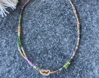 Tourmaline Crystal Necklace, Tiny Geode Pendant,Tiny Agate Natural Geode, Natural Crystal choker,Choker,Rainbow Colour, Small Gemstone.