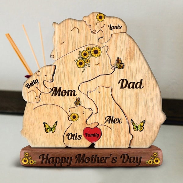 Custom Engraved Wooden Bears Family Sunflower Puzzle, Family Puzzle with Engraved Stand Keepsake Home Decor for Mother's Day, Father's Day