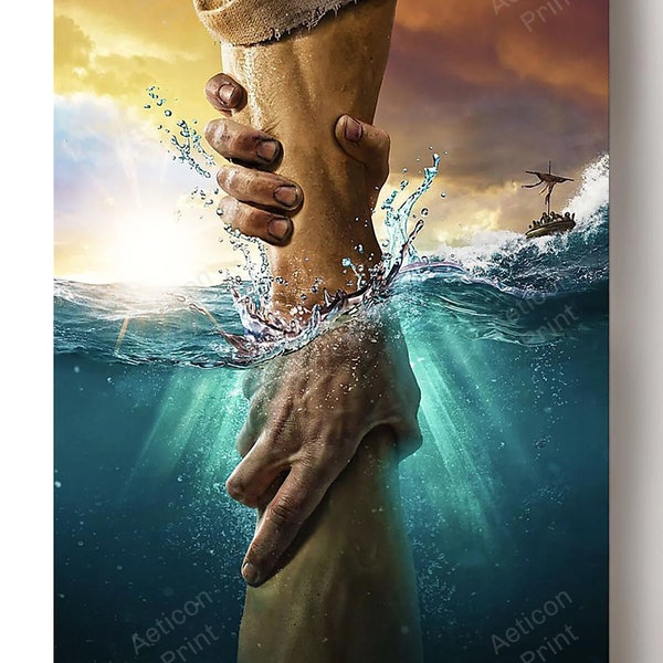 Die Hand Gottes Poster - Take My Hand Wrapped Canvas - Jesus Hand im Wasser gerahmte Matte Leinwand Geschenkidee