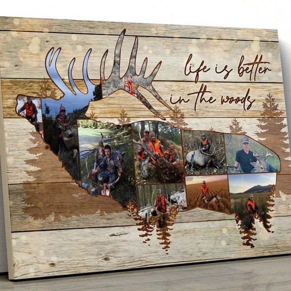 Personalisierte Hirsch Jagd Foto Leinwand Gemälde, Leben ist besser im Wald Poster, Familie Geschenkideen, benutzerdefinierte Fotocollage Rahmen Leinwand