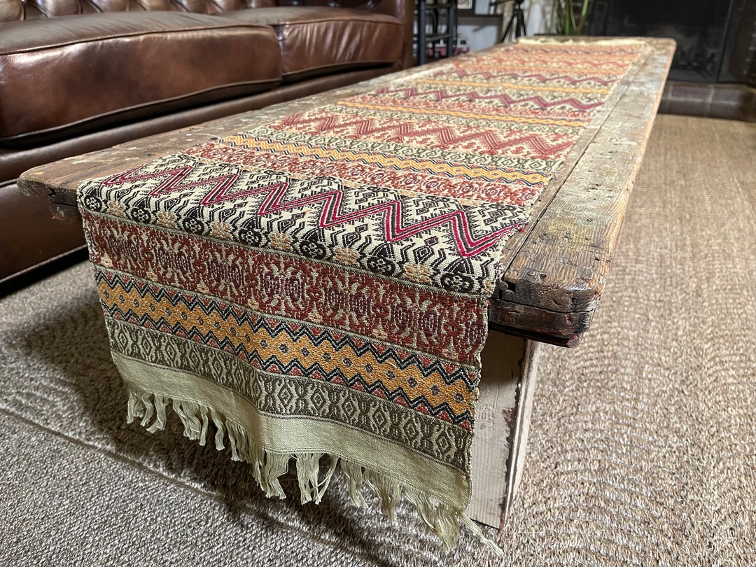 Wool Table Runner Dark Brown & Beige Mexican Purepecha Indigenous Textile