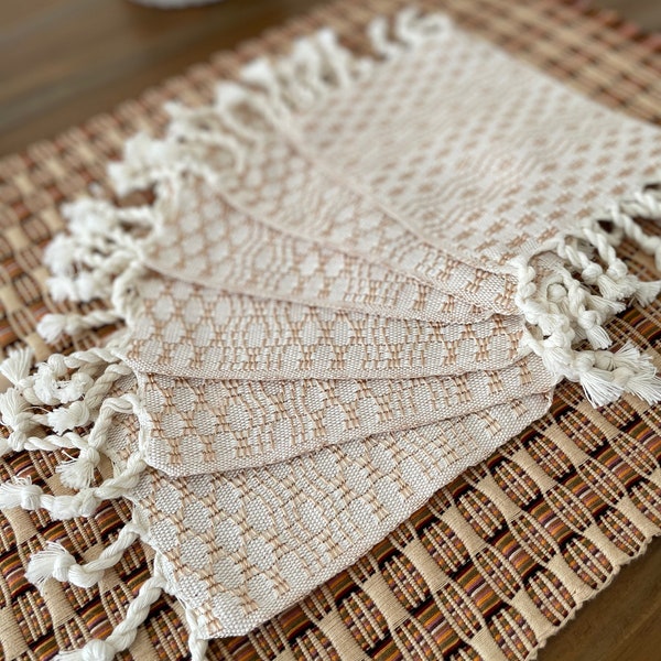 Handwoven Cotton Cup Coasters / Handmade / Table Decor / Off White Beige / Guatemalan Textile