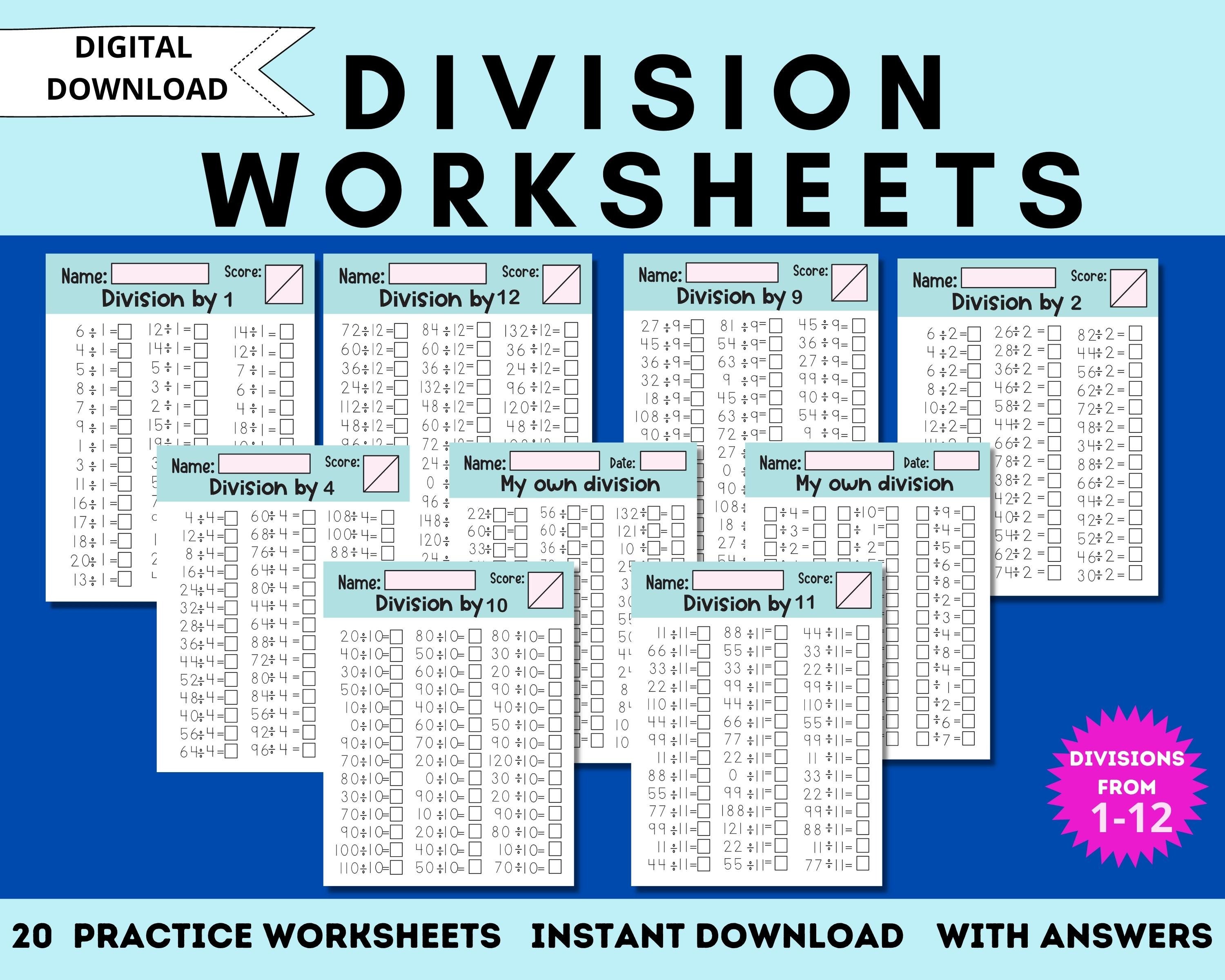 division worksheets math drills 20 printable practice sheets etsy australia