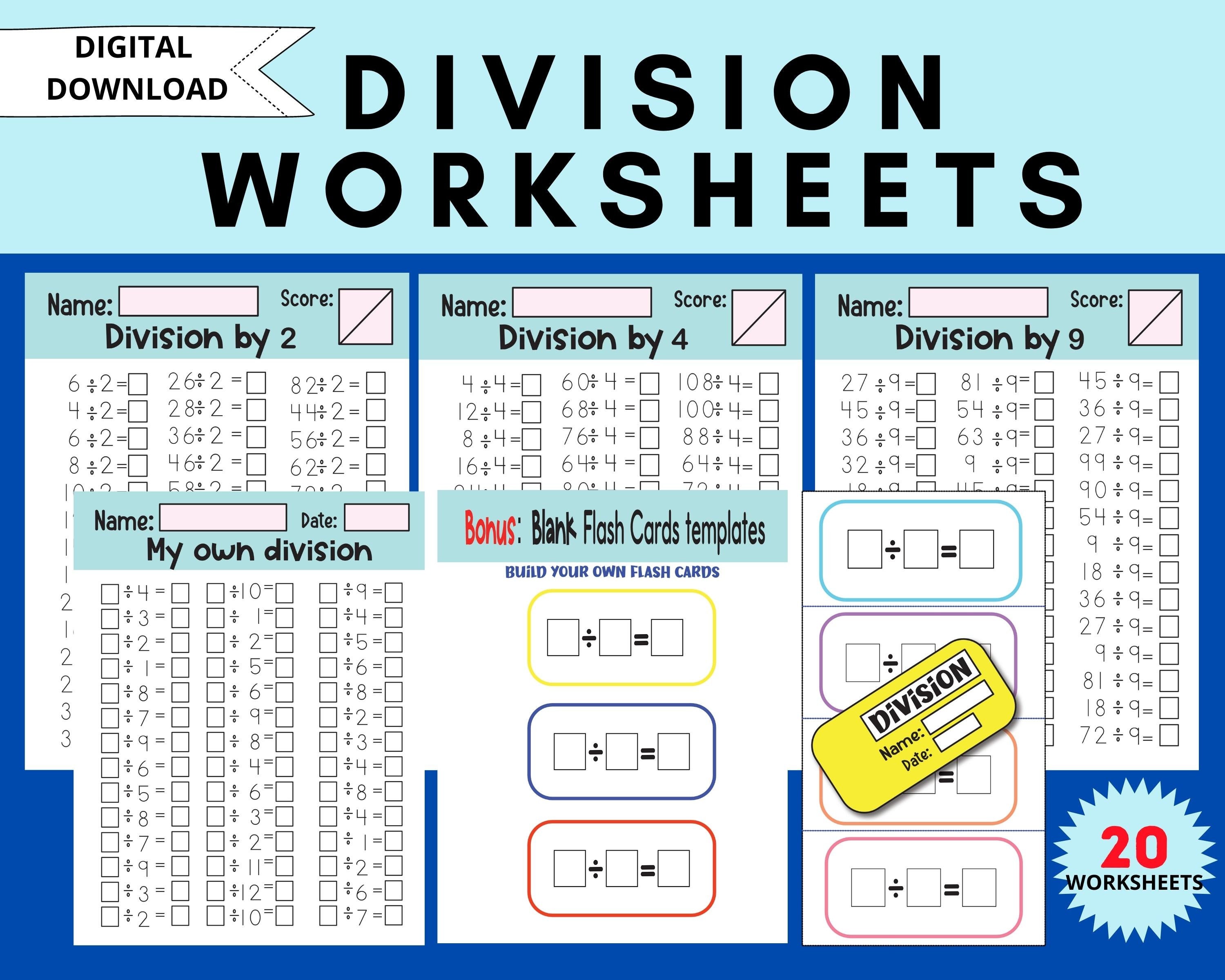 division worksheets math drills 20 printable practice sheets etsy