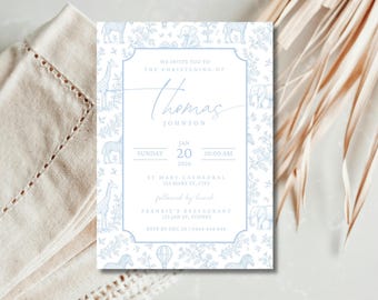 May include: A light blue and white christening invitation with a safari animal theme. The invitation includes the text "We invite you to the christening of Thomas Johnson" and event details. The design features giraffes, zebras, and elephants.
