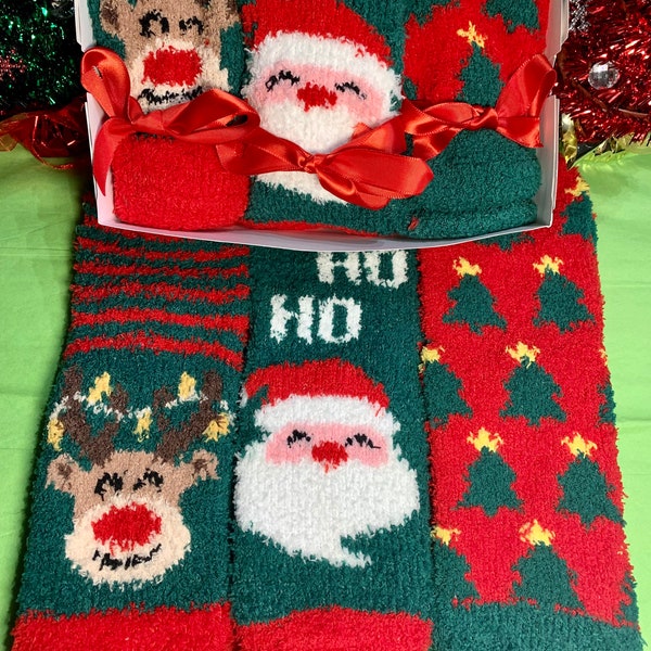 Christmas fuzzy sock pack | reindeer, Santa, christmas tree sock gift set | Christmas theme gift | Pack of 3 | choose how many| Fuzzy socks