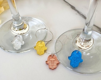 Jewish Theme Acrylic Wine Charms Set of 4, Hamsa, Shabbat Shalom, Hannukah, Jewish Star, Chai, Lechaim, Jewish Gift, Wine Glass Charm