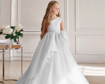 Junior Bridesmaid Dress, tulle flower girl dress, white flower girl dress,Girl wedding dress,Girl long dress,Toddler dress,Blush girls dress