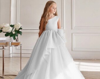 Robe de demoiselle d'honneur junior, robe de demoiselle d'honneur en tulle, robe de demoiselle d'honneur blanche, robe de mariée fille, robe longue pour fille, robe pour tout-petits, robe pour filles blush