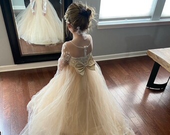 Flower Girl Dress, Tulle flower girl dress, floral dress, champagne flower girl, birthday dress, communion flower dress, sage flower girl