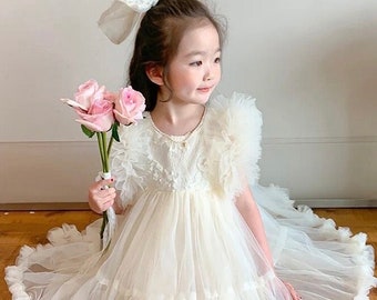 Cream flower girl dress with puffy sleeves, First communion dress, lolita dress, princess dress, tulle dress, boho flower girl dress