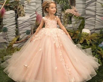 Flower Girl Dress, Tulle flower girl dress, Birthday Dress, Floral dress, Pink flower girl dress, communion flower dress, sage flower girl