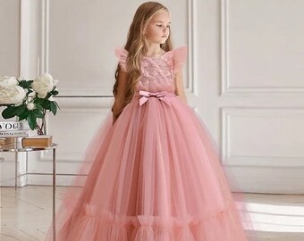 Robe de demoiselle d'honneur junior, robe de demoiselle d'honneur en tulle, robe de demoiselle d'honneur rose, robe de mariée fille, robe longue pour fille, robe pour tout-petits, robe pour filles blush