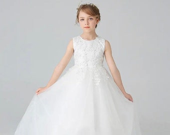 Vestido de dama de honor junior, vestido de niña de flores de tul, vestido de niña de flores blancas, vestido de novia de niña, vestido largo de niña, vestido de niño pequeño, vestido de niñas rubor