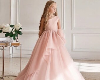 Robe de demoiselle d'honneur junior, robe de demoiselle d'honneur en tulle, robe de demoiselle d'honneur ivoire, robe de mariée fille, robe longue pour fille, robe pour tout-petits, robe pour filles blush