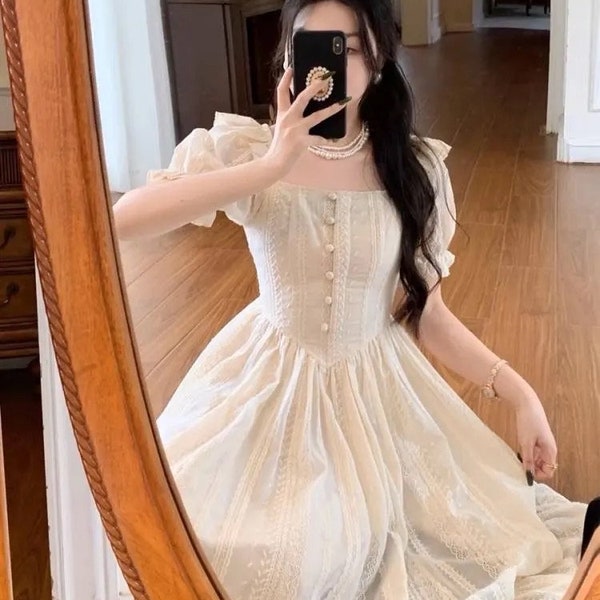 Vintage Puff Sleeve Dress, Cottage Core Dress, Fairy Tale Dress, Disney Princess Dress, White Elegant Renaissance Dress, Square Collar Dress
