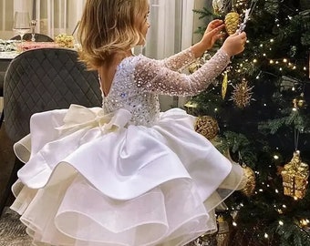 Junior Prinzessin Brautjungfernkleid, Tüll weißes Blumenmädchenkleid, Hochzeitsmädchenkleid, Elfenbeinkleid, Ostermädchenkleid, Langarmkleid,