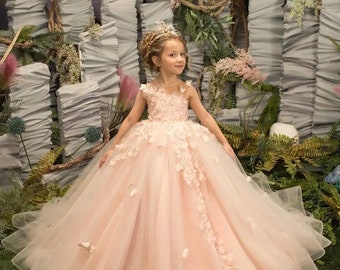 3D Blumenstickerei Kind Brautjungfer Blumenmädchen Kleid für Hochzeit Flauschiges Ballkleid Kind Prinzessin Abend Abschlussball Party