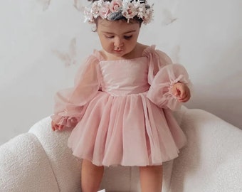 Bubble romper baby girl, Romper christening baptism, Baby wedding romper, Cake smash boho outfit, flower dress girl, tulle dress