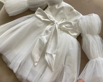 White Puff Sleeve Flower Girl Dress, Tulle Dress, Princess Dress, Wedding Dress, Newborn dress, Birthday Gift, First Birthday, Easter Dress
