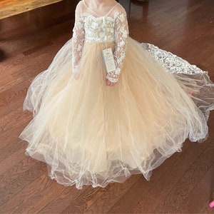 Flower Girl Dress, Tulle flower girl dress, floral dress, champagne flower girl, birthday dress, communion flower dress, sage flower girl zdjęcie 2