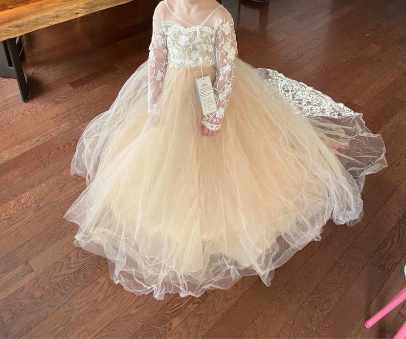 Flower Girl Dress, Tulle flower girl dress, floral dress, champagne flower girl, birthday dress, communion flower dress, sage flower girl image 2