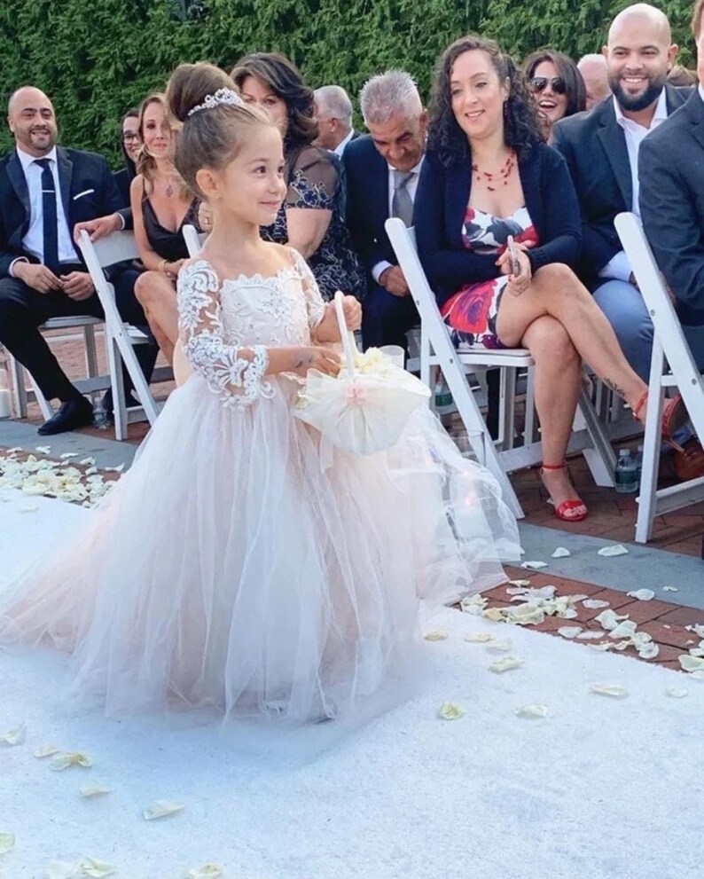 Flower Girl Dress, Tulle flower girl dress, floral dress, white flower girl dress, birthday dress, communion flower dress, sage flower girl zdjęcie 4