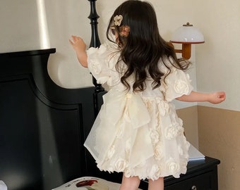 Floral Flower Girl Dress, White Cute Princess Dress, Puff Sleeve Dress, Girl Tulle Dress, First Communion Dress,Wedding Dress,Birthday Dress