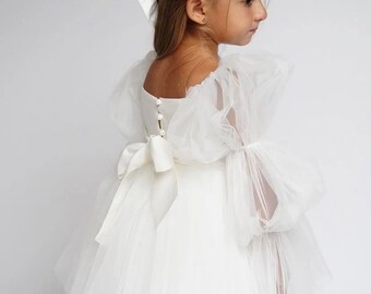 Bloemenmeisje jurk, tule bloemenmeisje jurk, Pasen bloemenmeisje jurk, lente jurk, witte bloemenmeisje jurk, prinsessenjurk, bubble romper