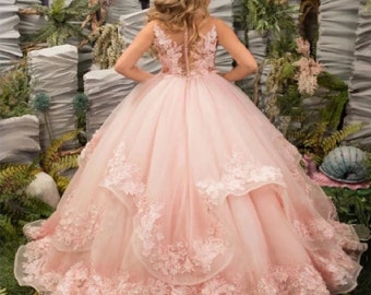 Robe de demoiselle d'honneur rose en dentelle de tulle à volants avec broderie élégante princesse Communion fête d'anniversaire robe de bal tenue de concours de beauté