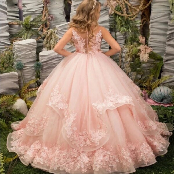 Pink Flower Girl Dress Lace Tulle Ruffles Emboridery Elegant Princess Communion Birthday Party Ball Gown Beauty Pageant Wear