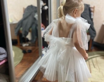 Jolie robe de princesse pour tout-petit, robe en tulle blanc, robe de Pâques pour fille, robe à nœud, robe sans manches, tenue de baptême, robe cadeau premier anniversaire