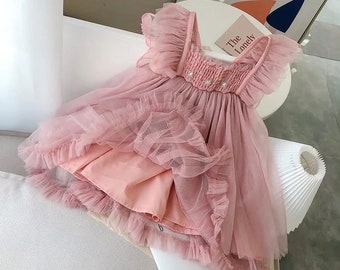 Robe d'été pour enfant fille col carré manches courtes évasées rose dos ouvert style papillon robe en maille vêtements pour enfants E6314